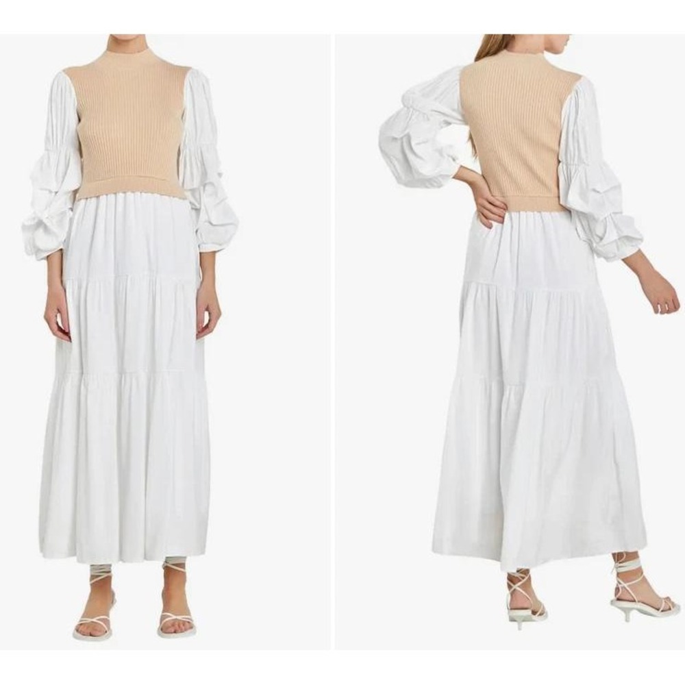 English Factory Tan Ribbed Vest Puff Sleeve Tiered Maxi Dress Small Neutral